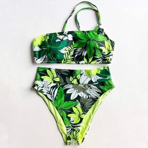 Aerie Green Tropical Floral Bikini Set L One Shoulder Bandeau High Cut Cheeky